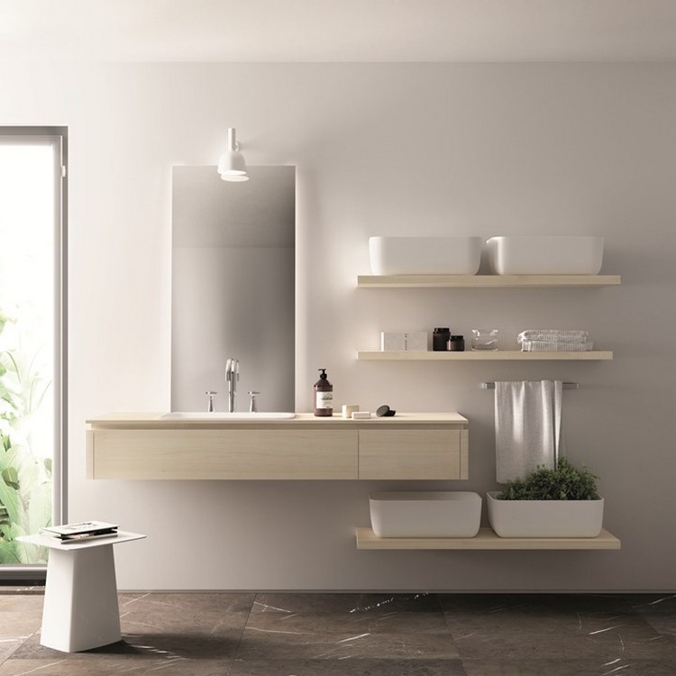 cuisine intégrée étagères en bois salle de bain lavabo design bancs rangement blancs style épuré