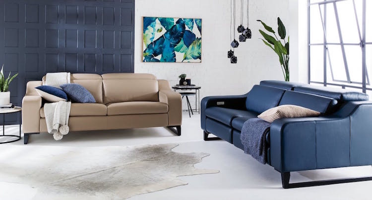 comment choisir ses canapés- sofas modernes en cuir beige bleu foncé