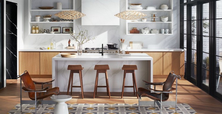 comptoir de cuisine marbre blanc intérieur moderne look chic cuisine idées revêtement plan travail