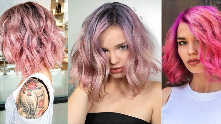 couleur cheveux courts tendance 2018 long bob ondulé rose pastel ou fluo