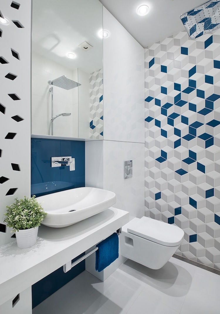 design petite salle de bain et WC carrelage géométrique 3D