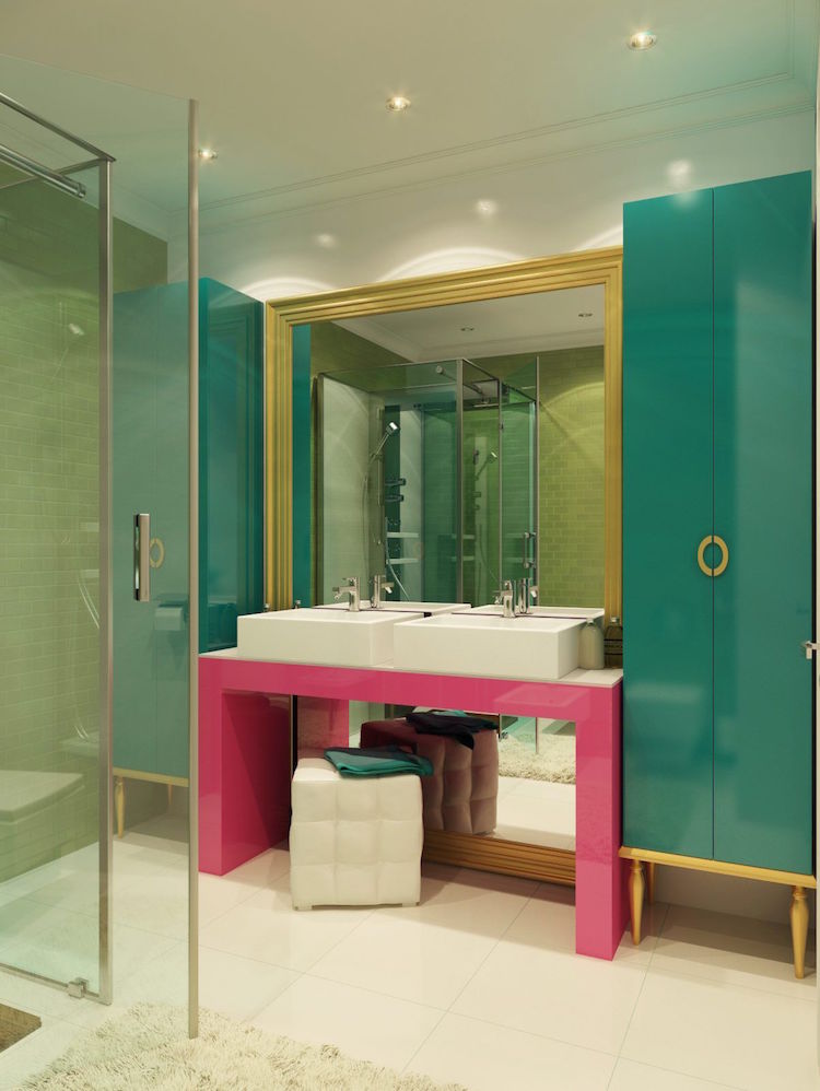 design salle de bain original et déco en turquoise et rose bonbon