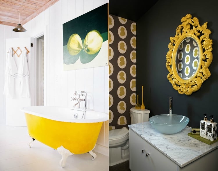 design salle de bain rétro chic- accents jaunes sur fond blanc ou noir