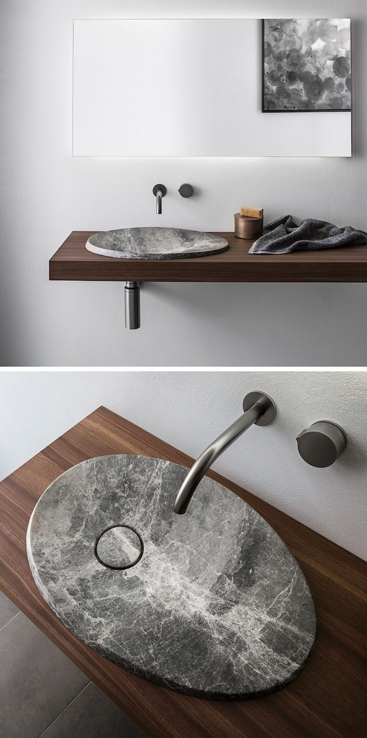 design salle de bain simple avec plan en bois et lavabo en pierre