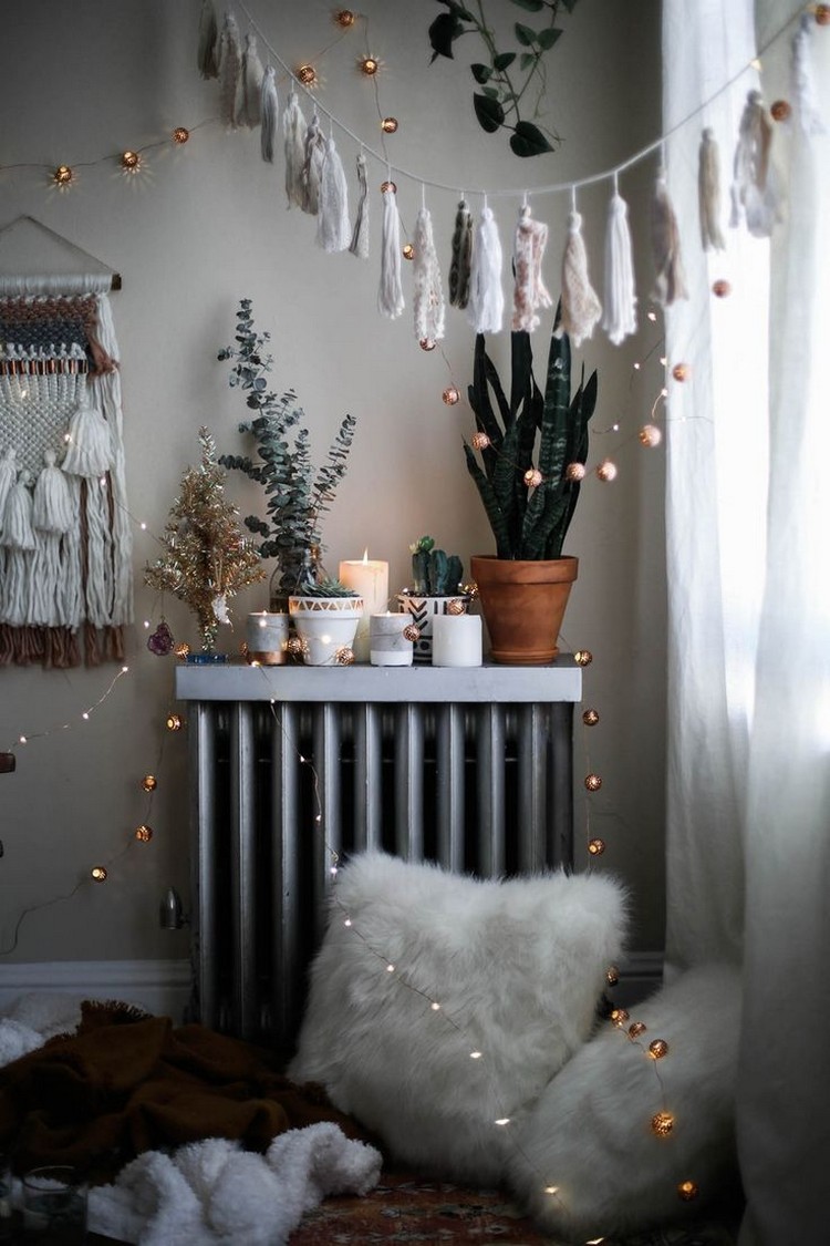 décoration cosy style scandinave ambiance chaleureuse parfaite saison hivernale fourrure coussins guirlandes lumineuses