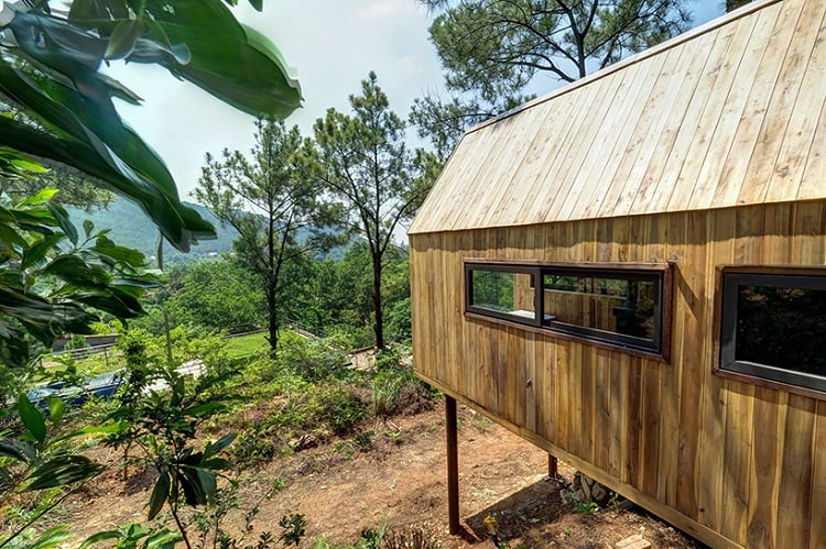 façade vitrée maison architecte cabane pleine nature vietnamienne toit bardage bois