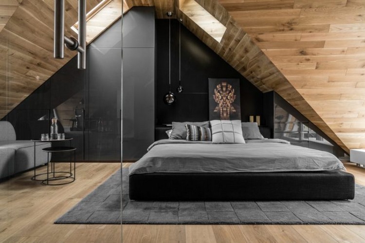 lambris plafond bois meubles noirs et gris