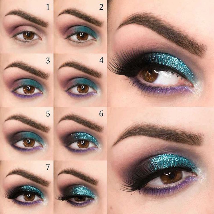 maquillage smoky eyes pourpre turquoise paillettes yeux marron