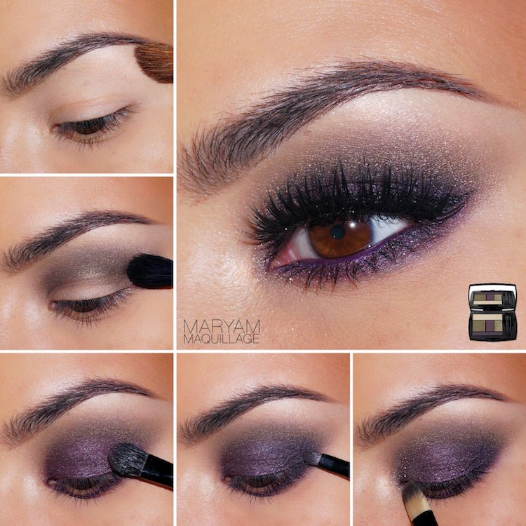 maquillage smoky eyes violet paillettes yeux marron