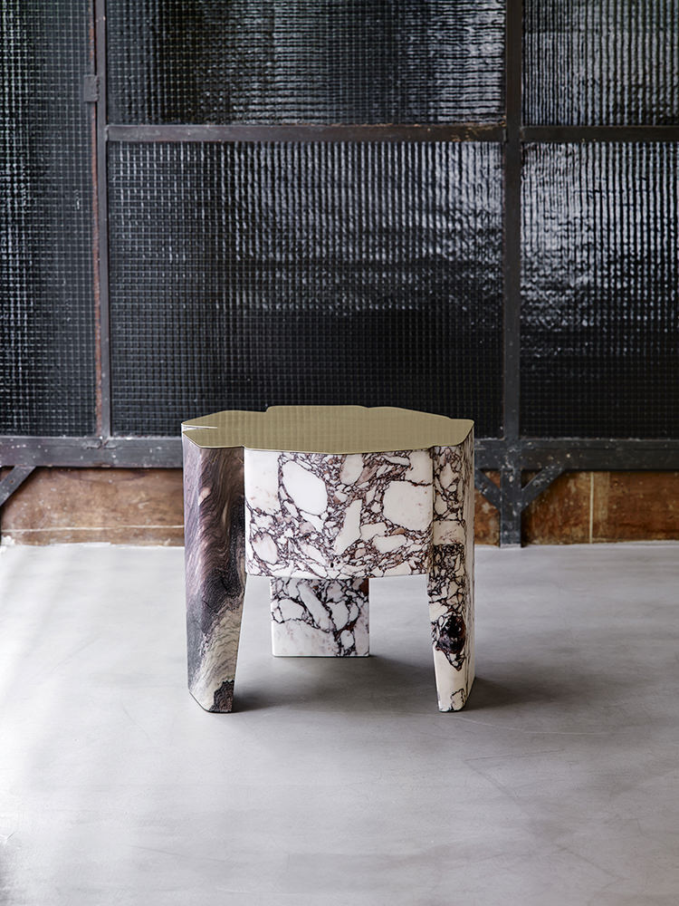 marqueterie moderne table basse marbre plateau laiton In Out Vincenzo De Cotiis