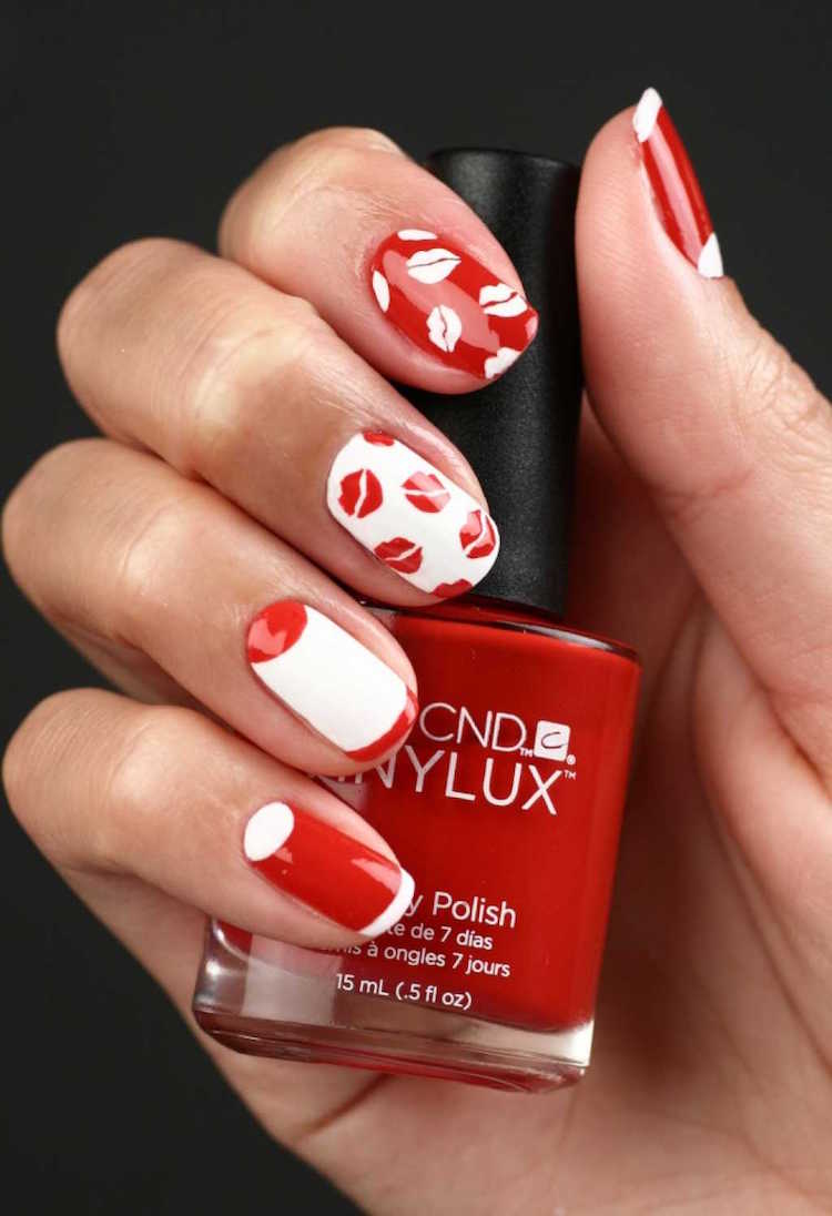 nail art Saint Valentin vernis rouge blanc motif levres