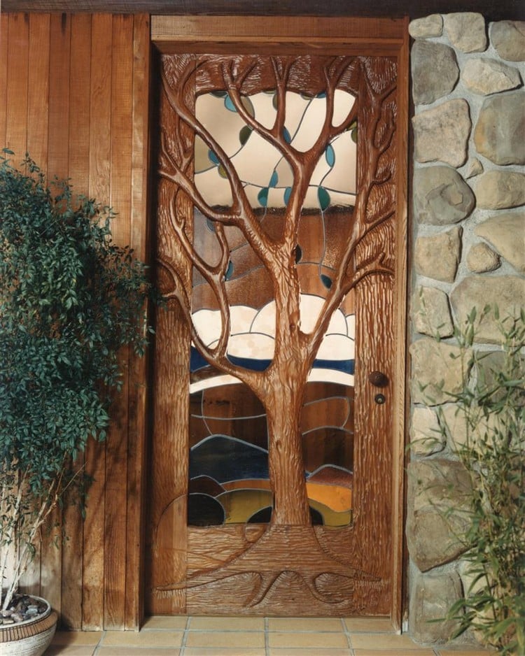 porte d'entrée sur mesure en bois verre motif arbre style campagne chic