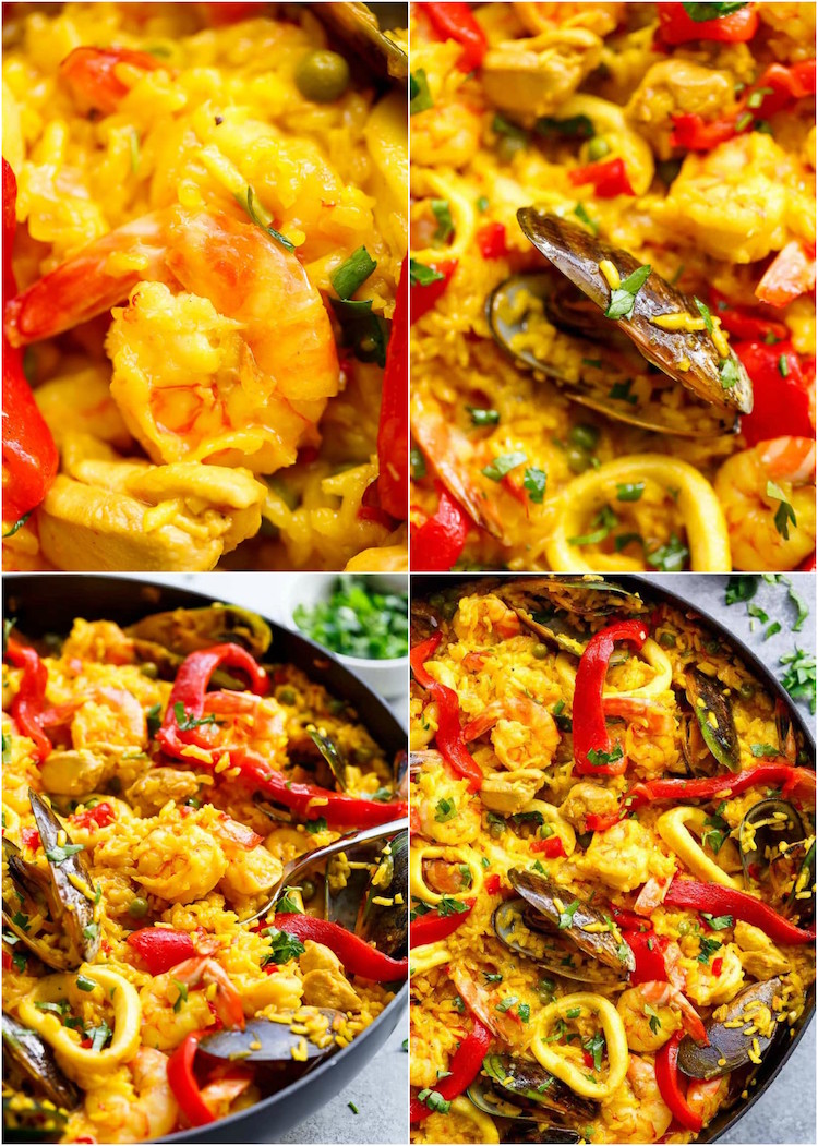 recette paella espagnole traditionnelle ingredients crevettes moules encornets poivrons poulet riz