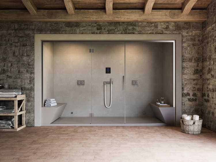 salle de bain avec douche italienne alliant modernité et identité revêtement mural pierres sol bois