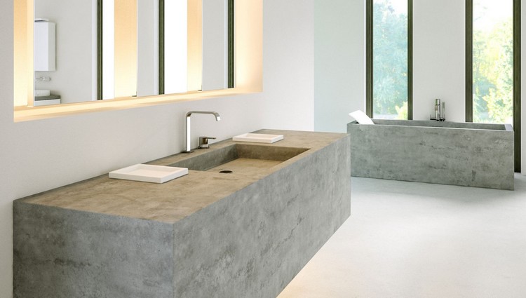 Béton ciré salle de bain moderne style épuré design lavabo matériaux brutes