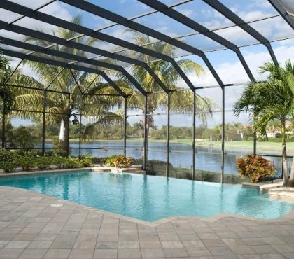 abri de piscine haut moderne verre palmiers