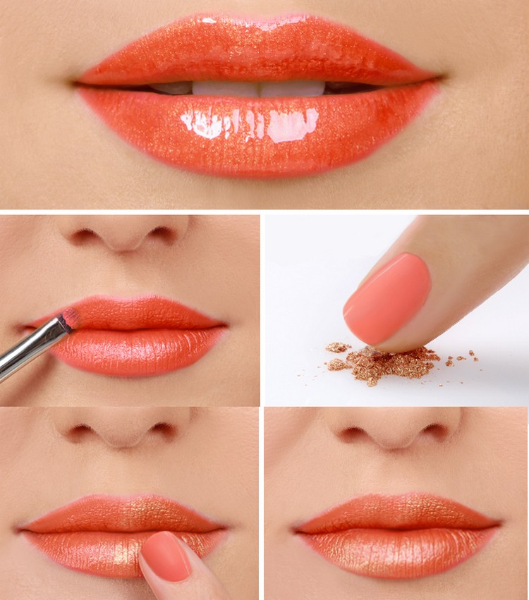 application rouge à lèvres orange et or lip gloss