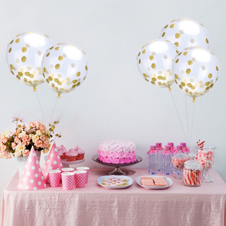 ballons transparents remplis de confettis dorés buffet sucré