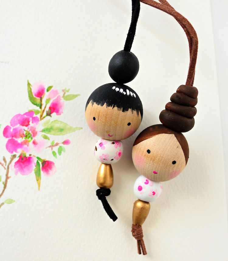 bricolage pour fille - poupées japonaises en perles en bois