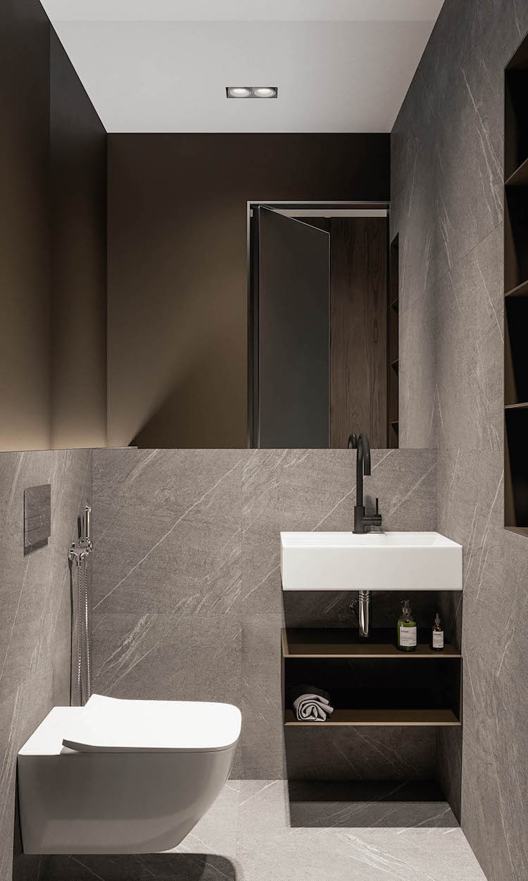 carrelage salle de bain pierre grise grand miroir meuble vasque moderne