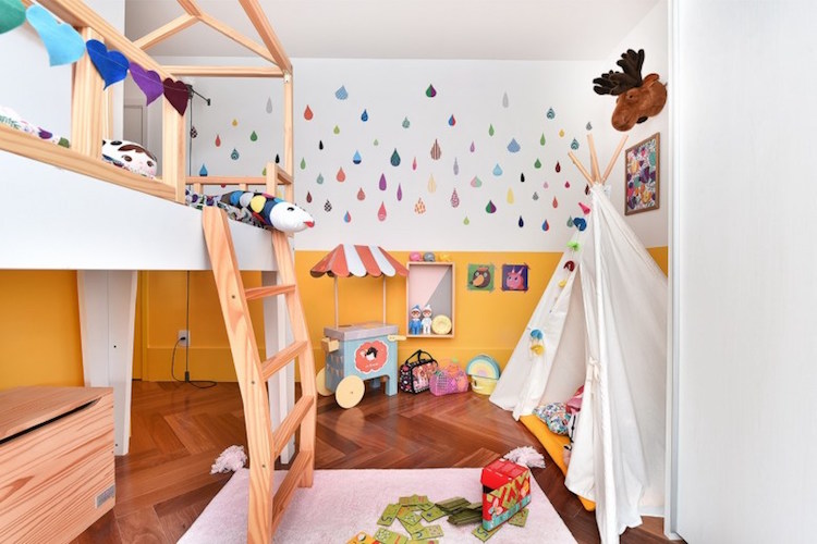 chambre enfant moderne lit mezzanine tipi deco murale stickers
