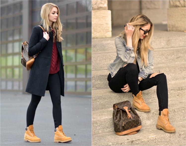 chaussures Timberland femme associées avec sac à dos louis vuitton et pantalon noir