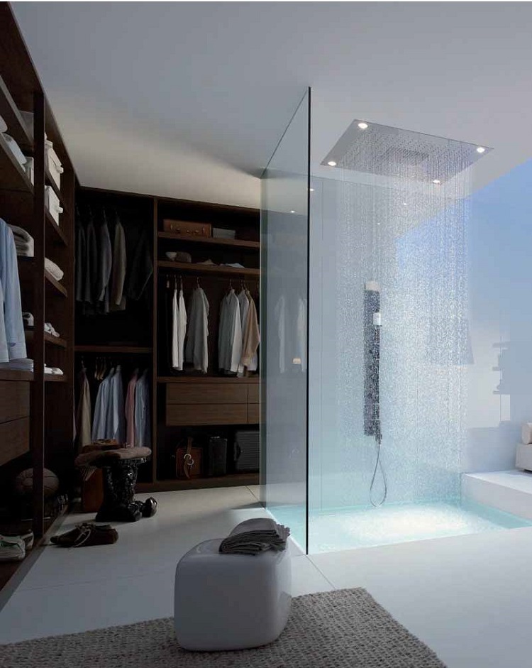 cloison en verre moderne idée séparation zone douche salle bain intégrée chambre