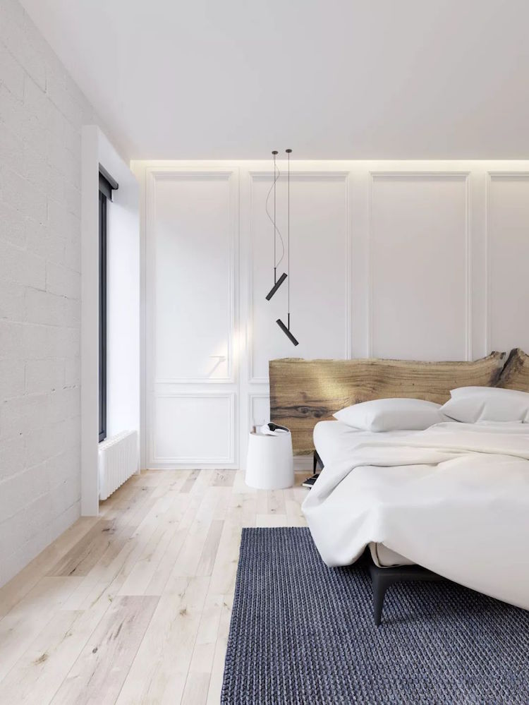 comment decorer un mur blanc panneaux decoratifs moulures chambre coucher tete de lit bois massif brut