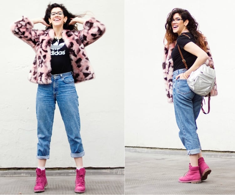comment porter les fameuses chaussures Timberland femme en rose avec jeans vintage