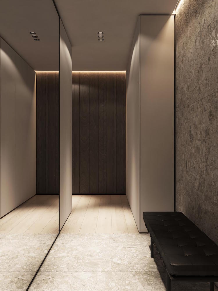 dalles beton surdimensionnees banquette cuir couloir