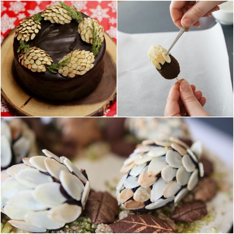 décoration en chocolat pour gâteau fait maison avec amandes idée pommes pin cake déco automnale