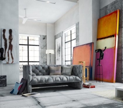 grands tableaux en couleurs chaudes dans un loft industriel gris via Barbara Berti