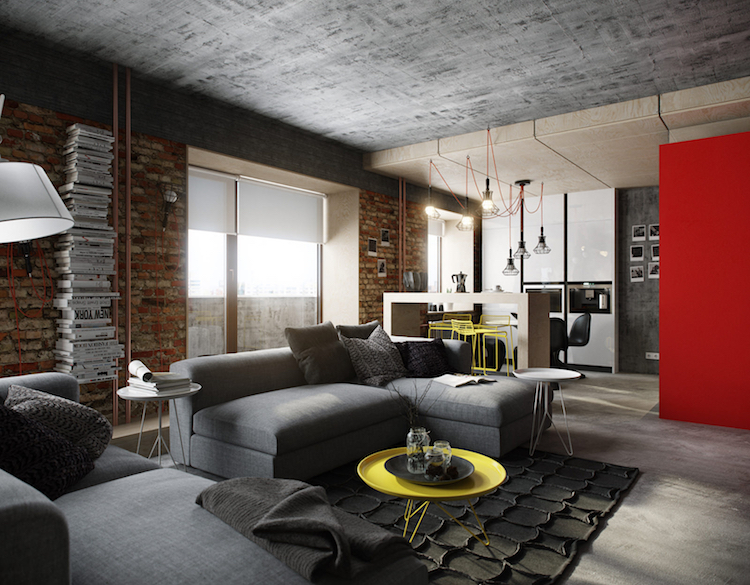 interieur style industriel canape gris murs briques plafond beton expose