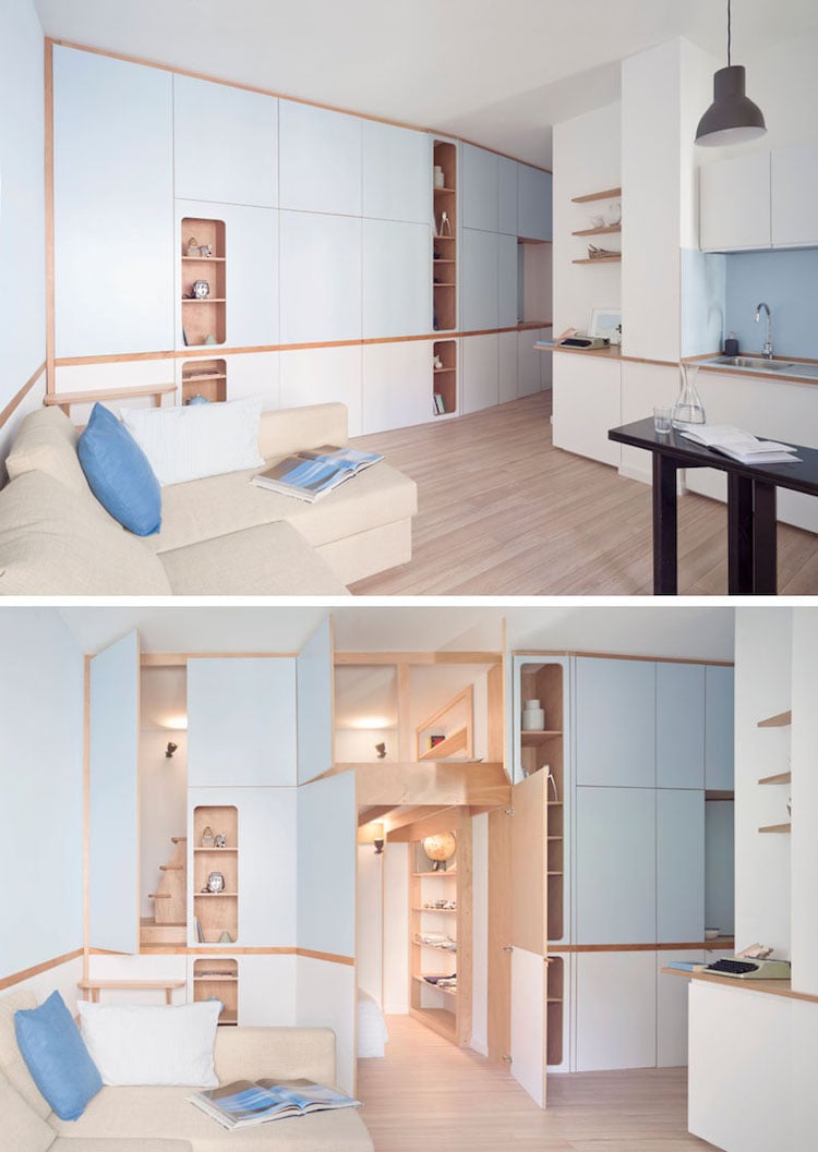 meuble multifonction pour studio divisant l'espace en salob et chambre