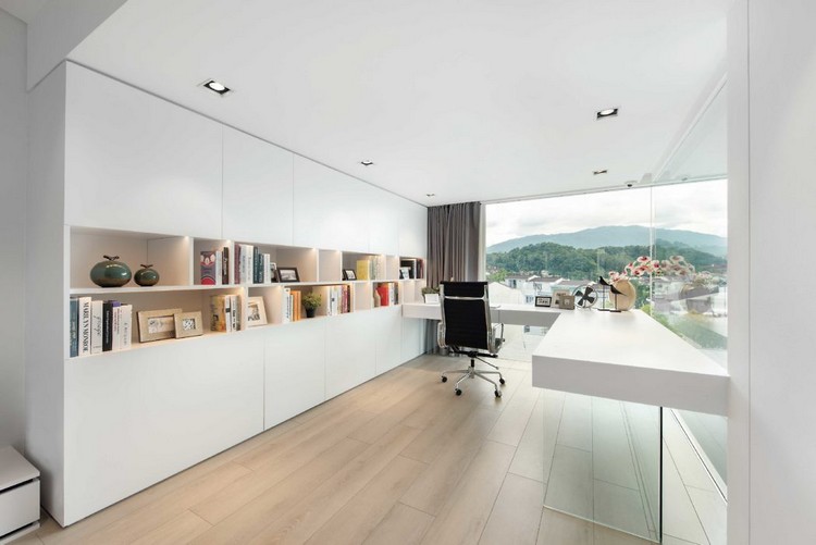 mur de verre coin bureau blanc baies vitrées design projet singé Milimeter Interior Design Hong Kong