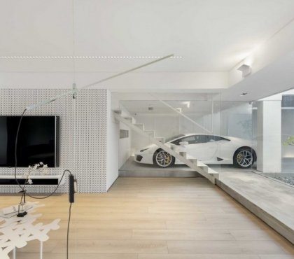 mur de verre maison architecte Hong-Kong avec garage intégré salon