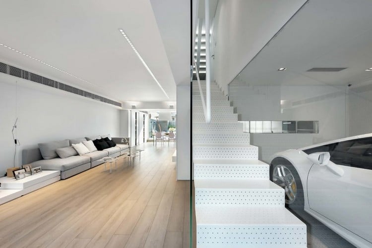 mur de verre transparent séparation salon garage maison luxe design blanche minimaliste