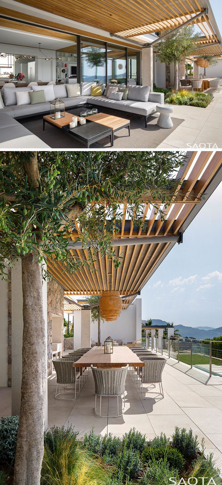 pergola bois sur mesure pour aménager terrasse moderne maison luxe Majorque Espagne projet studio design moderne Saota