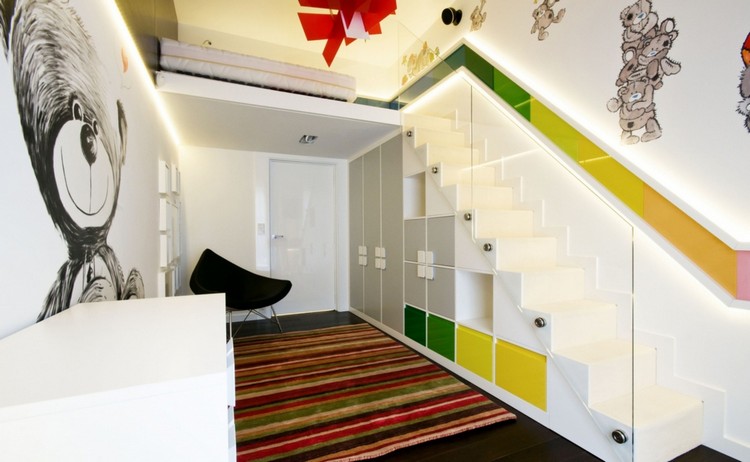 rangement sous escalier chambre enfant touches de couleurs