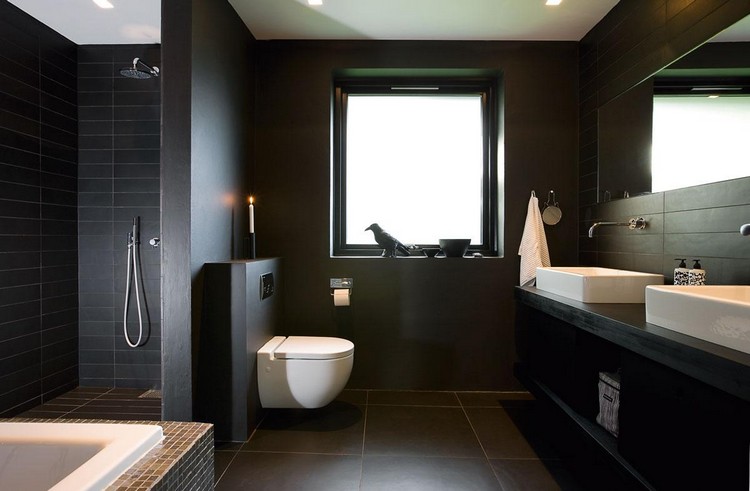 salle de bain noire design moderne grand espace