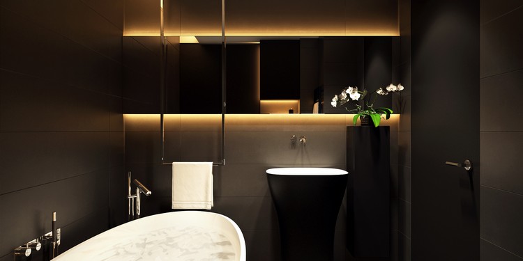 salle de bain noire design moderne éclairage indirect