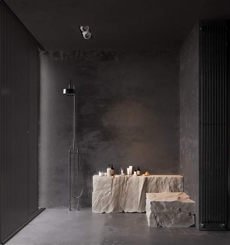salle de bain noire pierre et douche