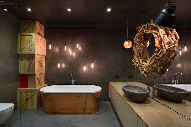 salle de bain style industriel peinture beton cire baignoire ilot cuivre