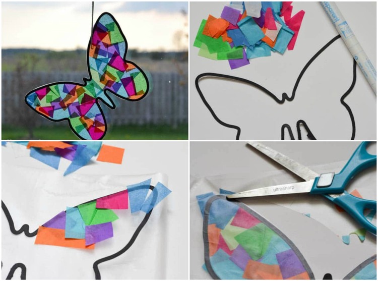 DIY attrape-soleil papillon en papier de soie comme décoration de fenêtre