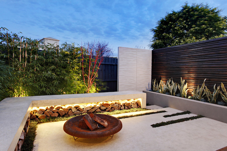 brasero jardin acier corten banc beton eclairage indirect