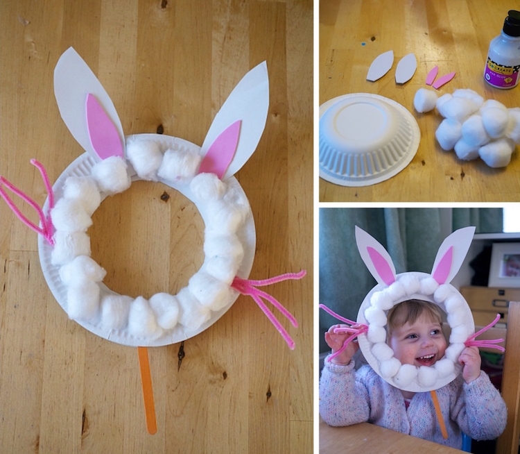 bricolage Paques maternelle - masque lapin en assiette en carton et boules de coton