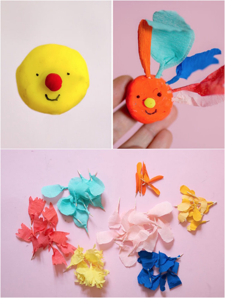 bricolage de printemps pour enfants fleurs souriantes pate modeler papier crepe