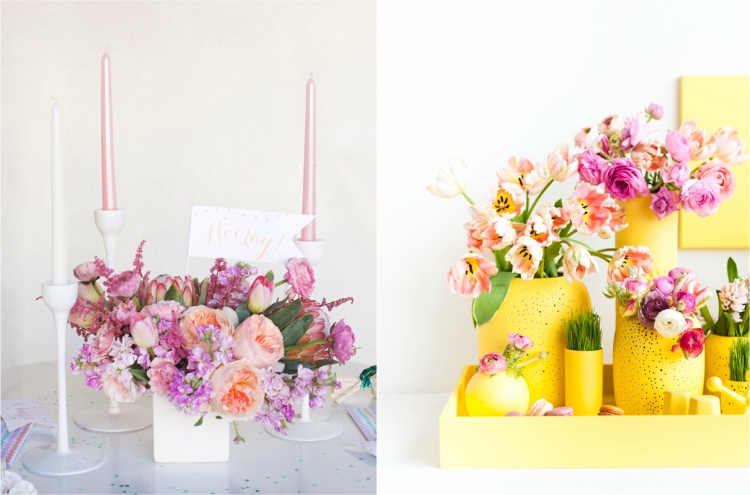 centre de table Paques en fleurs printemps couleurs délicates ou vives