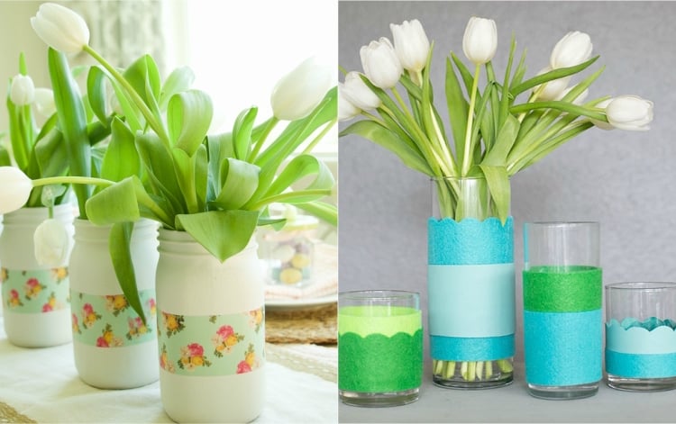 centre de table Paques en tulipes blanches et vases originaux faits maison