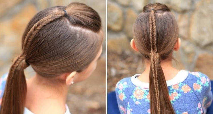 coiffure petite fille tresse avec queue cheval longue idée adaptée cheveux longs raides